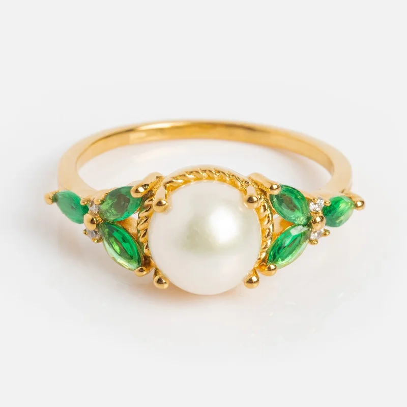 women’s round diamond rings-Vintage Inspired Green CZ and Pearl Statement Ring