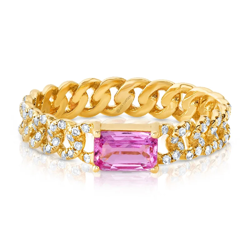 women’s three-stone diamond engagement rings-Cuban link pink sapphire & diamond ring, 14kt gold