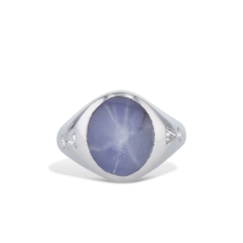 women’s diamond band rings-Star Sapphire Diamond Platinum Estate Ring