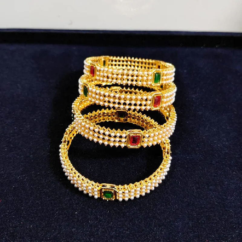 women’s boho bracelets-Pooja Bangles Gold Plated Crystal Stone And Pearls Bangles Set