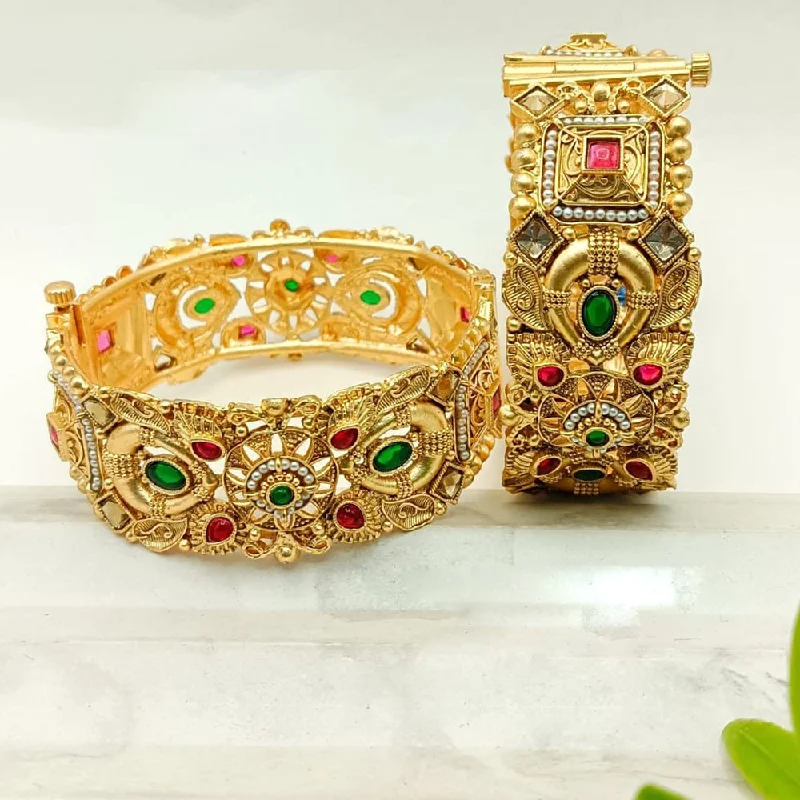 women’s custom-designed bangles-FS Collection Gold Plated Pota Stone And Pearls Openable Bangle Set