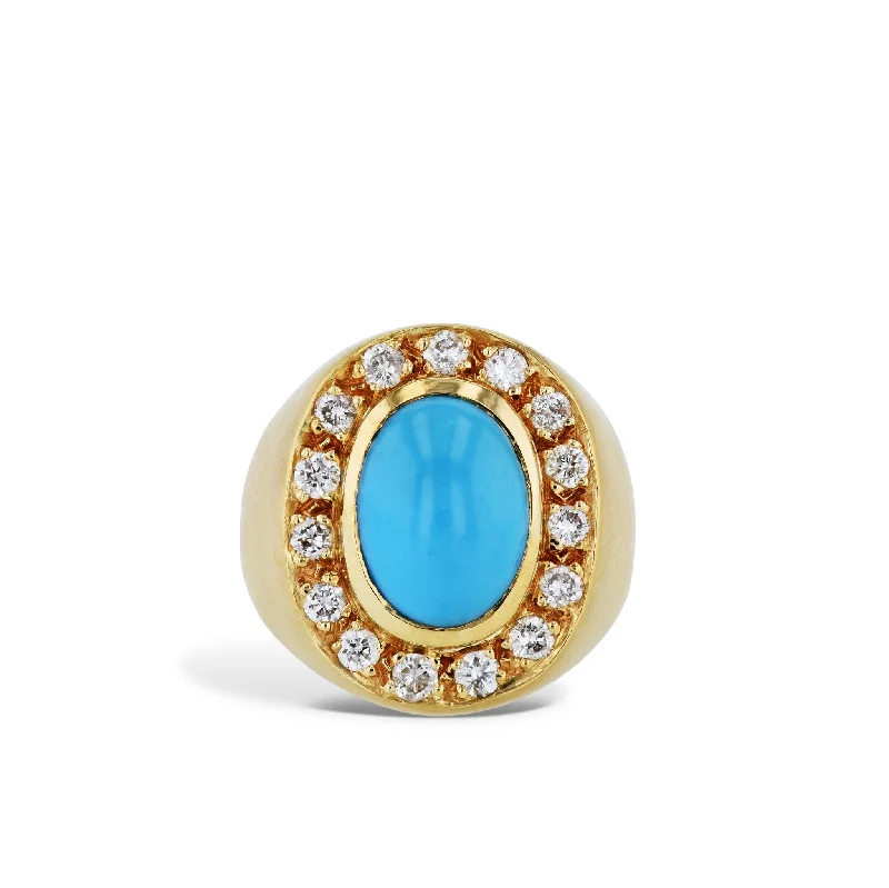 women’s luxury wedding rings-Natural Turquoise Cabochon Yellow Gold Estate Ring