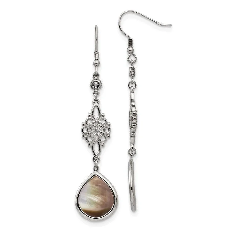 women’s gold drop earrings-Stainless Steel Polished Black Mother of Pearl/CZ Dangle Earrings