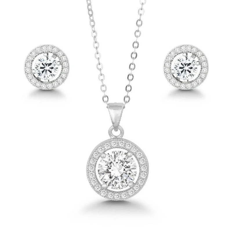 women’s fine gold earrings-Classic Women's Pendant and Earrings Set - Large Round White CZ with Chain | SET-441