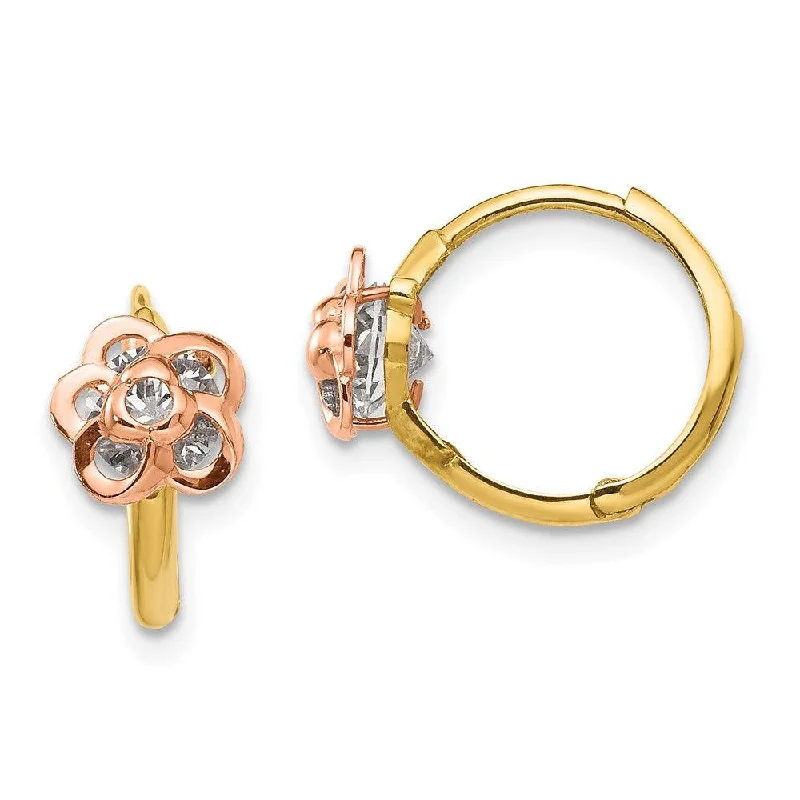 women’s casual earrings-Madi K Kid's 14k Yellow & Rose Gold  CZ Flower Hinged Hoop Earrings