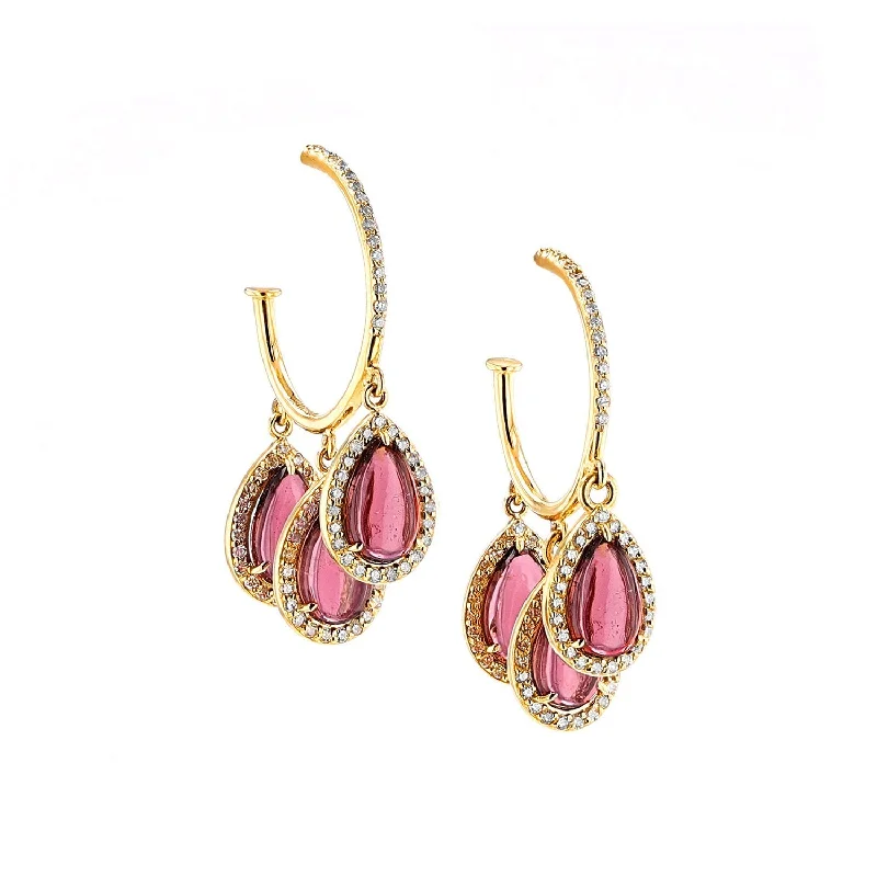 women’s silver drop earrings-14K Pink Tourmaline Diamond 3 Teardrop Hoop Earrings  EG000212