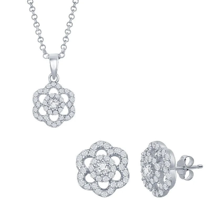 women’s gold earrings-Classic Women's Pendant and Earrings Set - Sterling CZ Flower with Chain | SET-423