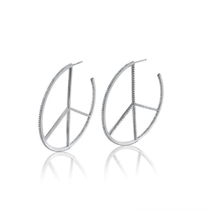 women’s custom earrings-Peace Sign Pave Diamond Hoop Earrings - 60mm  E0000425