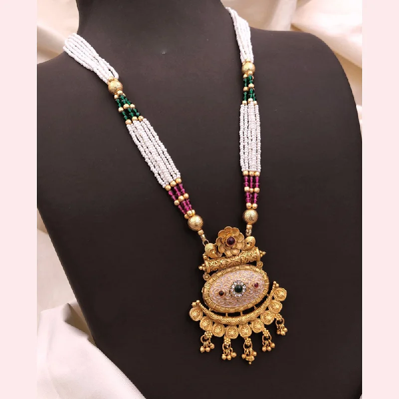 women’s adjustable necklaces-Akruti Collection Gold Plated Pota Stone And Pearls Long Necklace Set