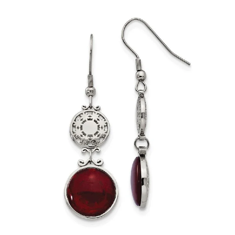 women’s crystal chandelier earrings-Stainless Steel Red Glass Polished Shepherd Hook Earrings