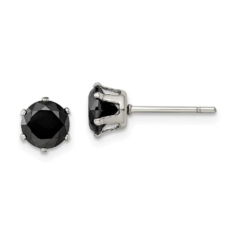 women’s vintage earrings-Stainless Steel Polished 6mm Black Round CZ Stud Post Earrings