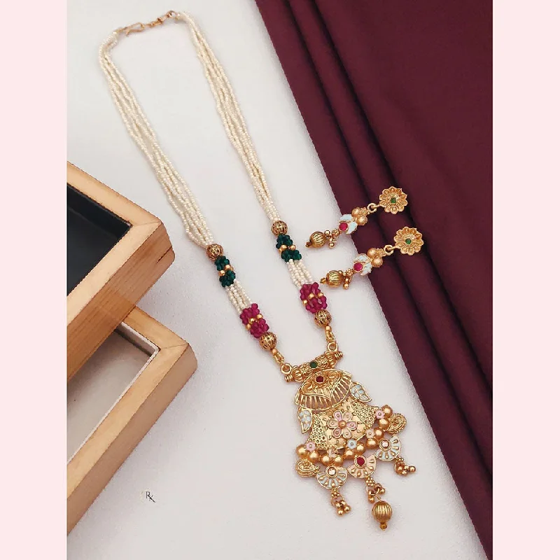 women’s crystal necklaces-Akruti Collection Gold Plated Pota Stone And Pearls Long Necklace Set