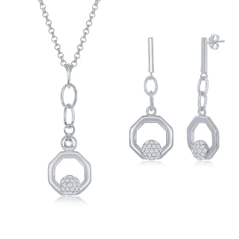 women’s matching earrings-Sterling Silver Round Micro Pave CZ Open Hexagon Pendant & Earrings Set With Chain