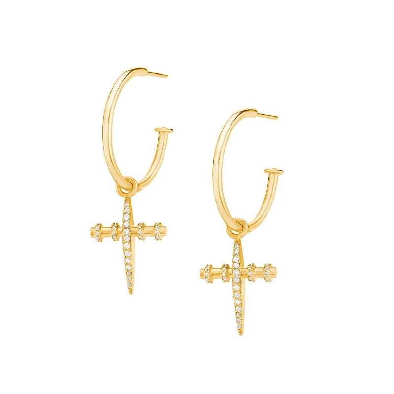 women’s matching earrings-14K Gold Armour Cross Hoop Earrings with Diamonds EG000008