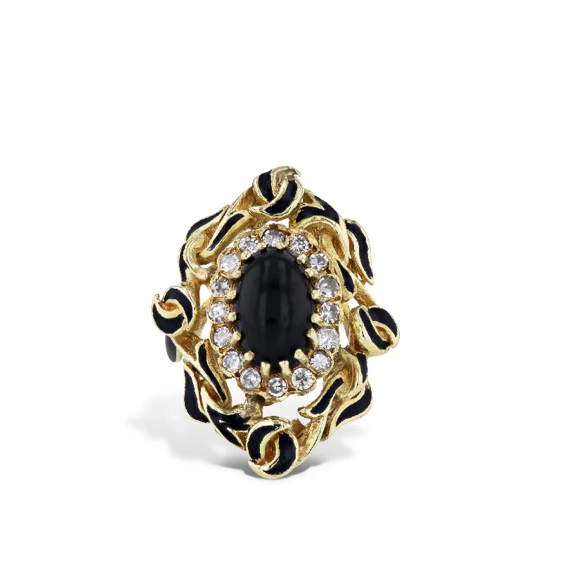 women’s bridal rings-Oval Black Onyx, Diamond and Enamel Yellow Gold Estate Ring