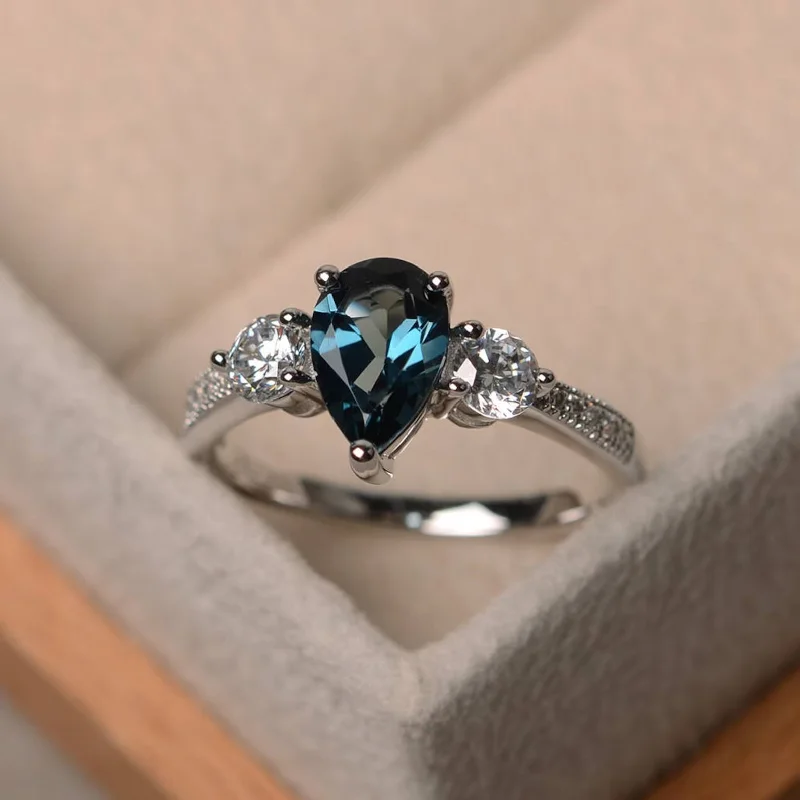 women’s solitaire rings-London Blue Topaz Pear Cut Stone Ring