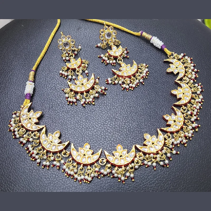 women’s sapphire and diamond necklaces-FS Collection Gold Plated Kundan Stone And Pearls Choker Necklace Set