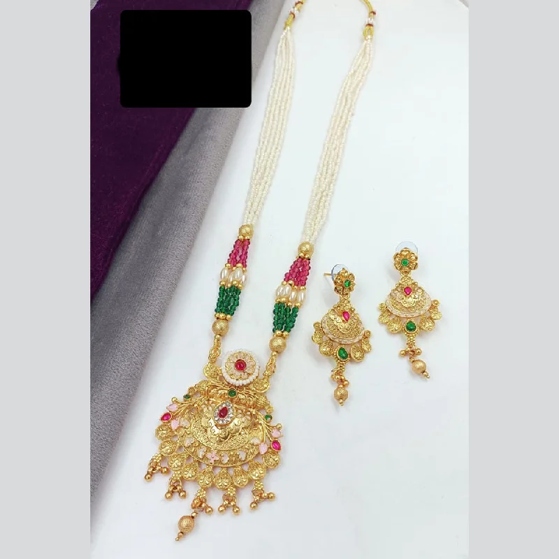 women’s matching necklaces-Manisha Jewellery Gold Plated Pota Stone And Pearls Meenakari Long Necklace Set