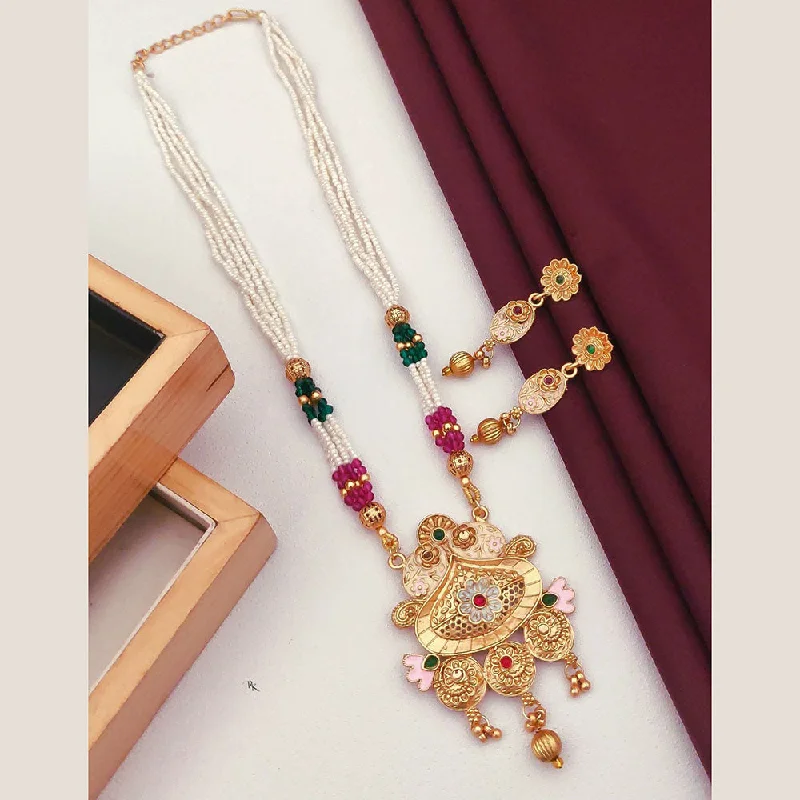 women’s elegant necklaces-Akruti Collection Gold Plated Pota Stone And Pearls Long Necklace Set