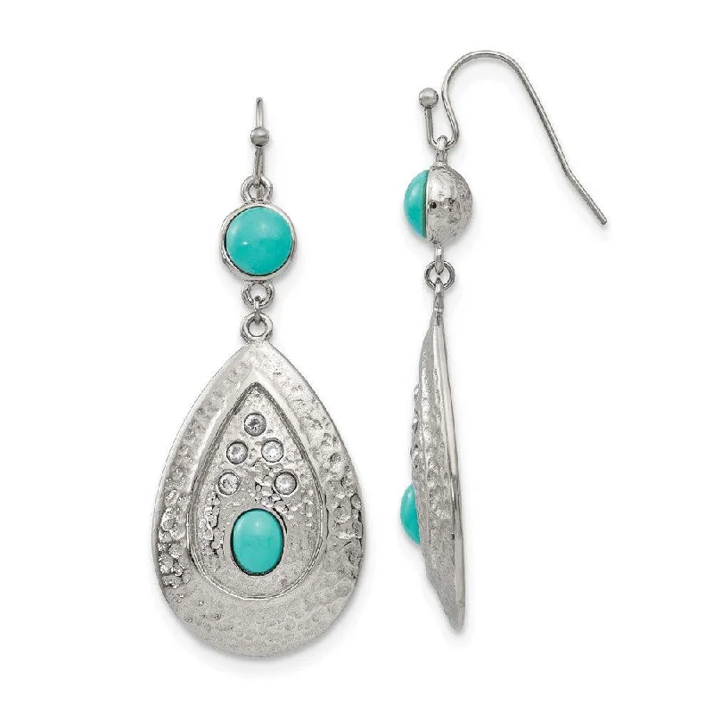 women’s small hoop earrings-Stainless Steel Polished/Hammered Imitation Turquoise/CZ Earrings