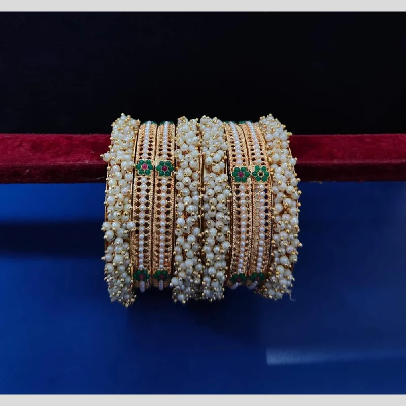 women’s gold cuff bracelets-Pooja Bangles Gold Plated Pearls Bangle  Set