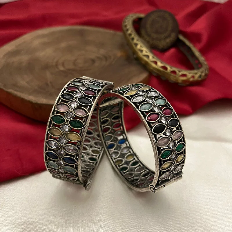 women’s sterling silver bangles-FS Collection Oxidised Plated Pota Stone Openable Bangles Set