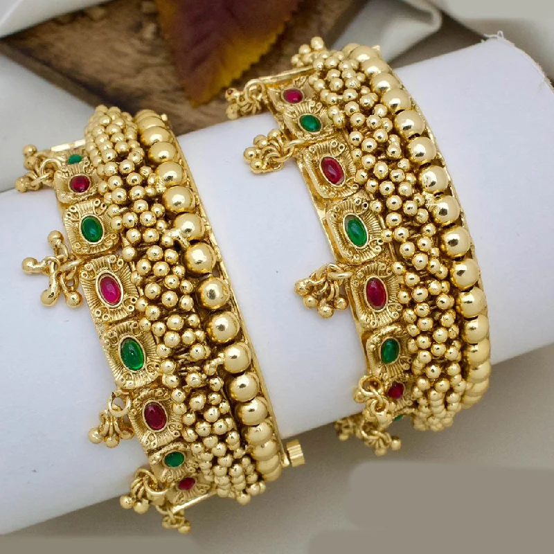 women’s minimalist bangles-JCM Gold Plated Pota Stone And Pearls Openable Bangles Set