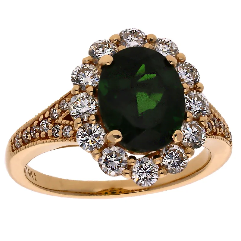 women’s heart-shaped engagement rings-18K Yellow Gold Oval Chrome Diopside & Diamond Ring