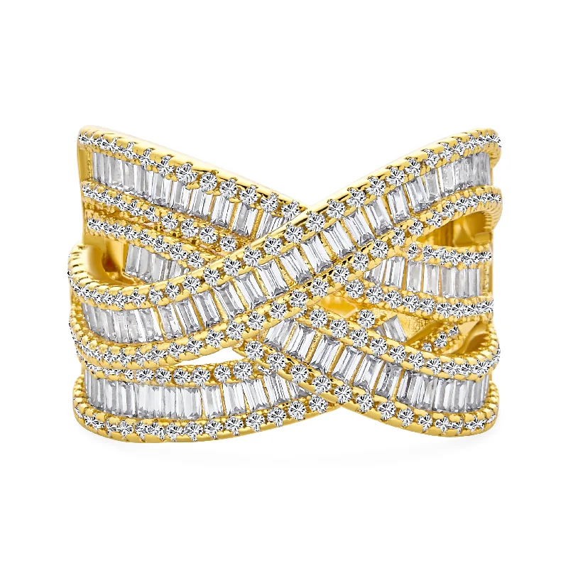 women’s simple rings-Art Deco CZ Baguette Criss Cross Eternity Multi Band Ring Silver Plated