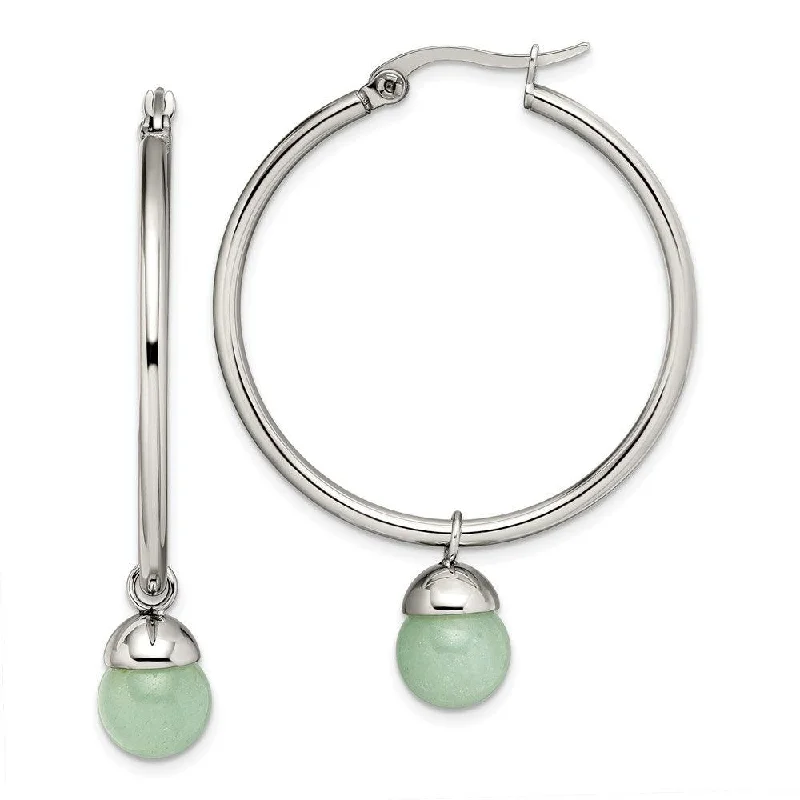 women’s diamond hoop earrings-Stainless Steel Polished Hoop w/Green Aventurine Bead Earrings