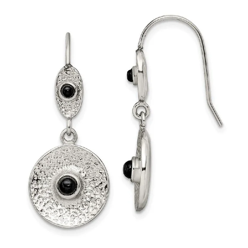 women’s drop earrings-Stainless Steel Polished and Textured Black Onyx Circle Earrings