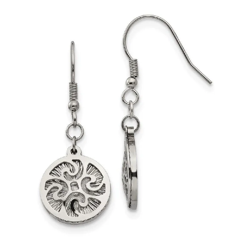 women’s trendy hoop earrings-Stainless Steel Polished Textured Shepherd Hook Dangle Earrings