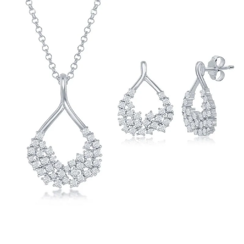 women’s fashion drop earrings-Sterling Silver CZ Open Pear-Shaped Pendant & Earrings Set With Chain