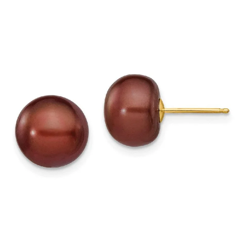 women’s birthstone earrings-14k 9-10mm Coffee Button Freshwater Cultured Pearl Stud Post Earrings