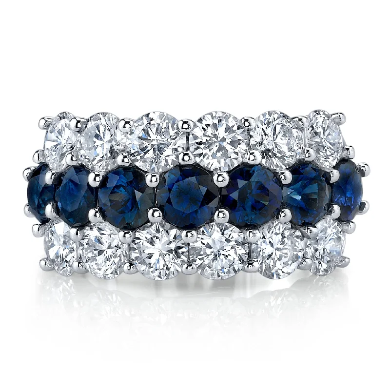 women’s diamond promise rings-Diamond and Sapphire 3 Row Platinum Band