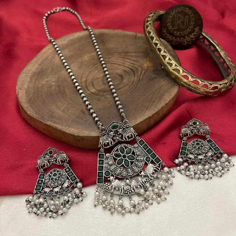 women’s gemstone layered necklaces-FS Collection Oxidised Plated Pota Stone Necklace Set