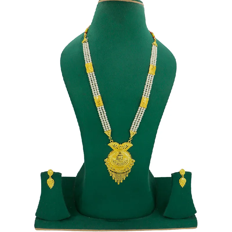 women’s rhinestone necklaces-Mahavir Gold Plated Pearls Long Necklace Set