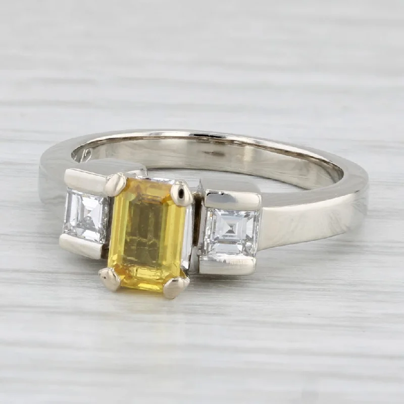 women’s custom made engagement rings-0.95ctw Emerald Cut Yellow Sapphire Diamond Ring 14k White Gold Size 5