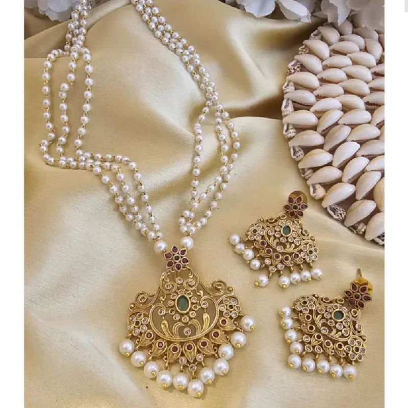 women’s elegant chain necklaces-Sai Fashion Gold Plated Pota Stone And Pearls Long Necklace Set