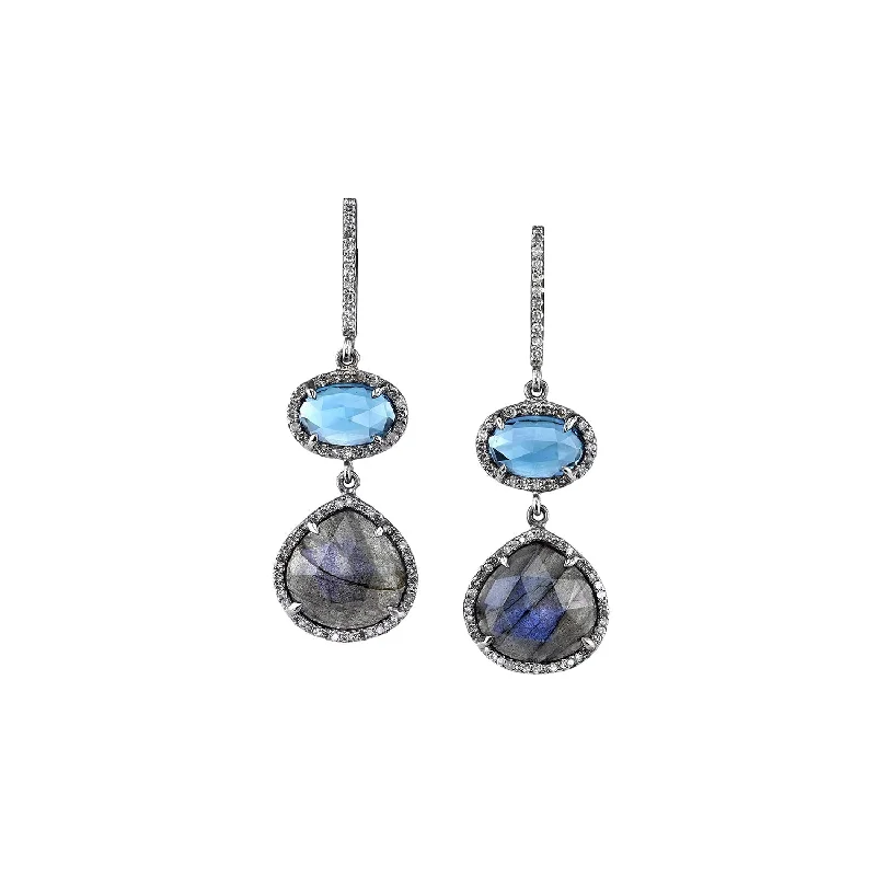 women’s fine gold earrings-London Blue Topaz and Labradorite Double Drop Earrings  E0000088