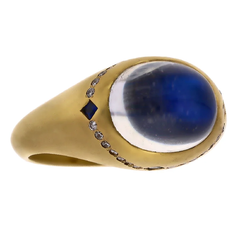 women’s bold engagement rings-18K Yellow Gold Moonstone, Sapphire, and Diamond Ring