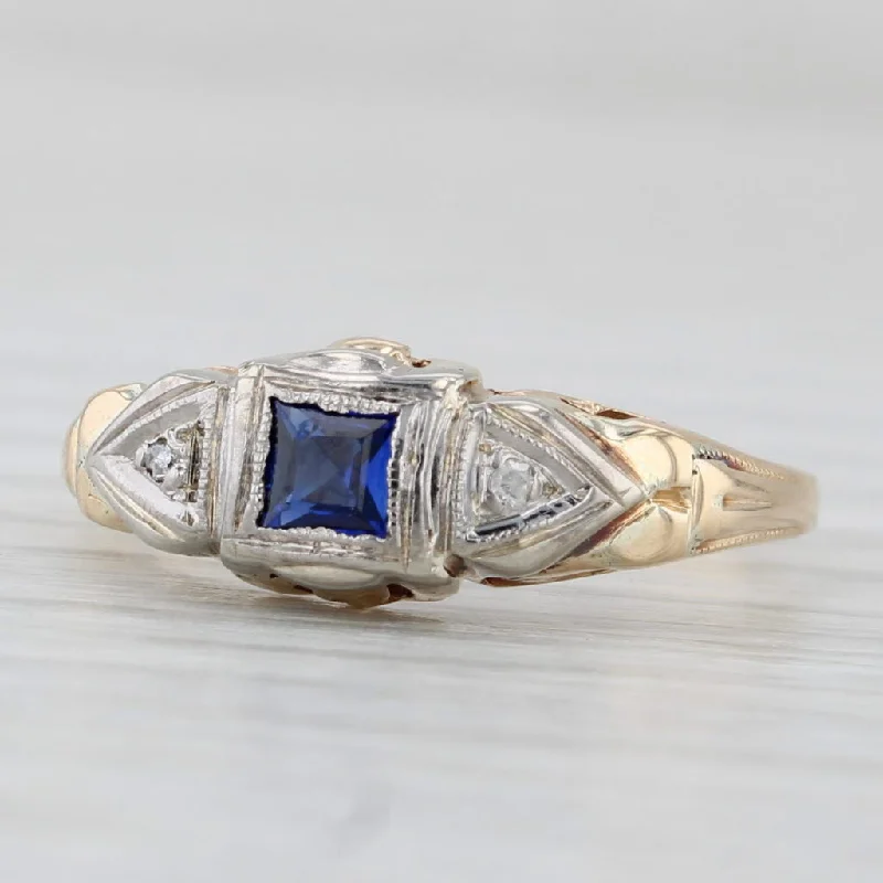 women’s minimalist engagement rings-Vintage Art Deco Lab Created Sapphire Diamond Ring 14k White Yellow Gold Sz 5.5