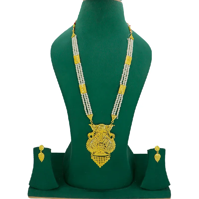 women’s anniversary charm necklaces-Mahavir Gold Plated Pearls Long Necklace Set