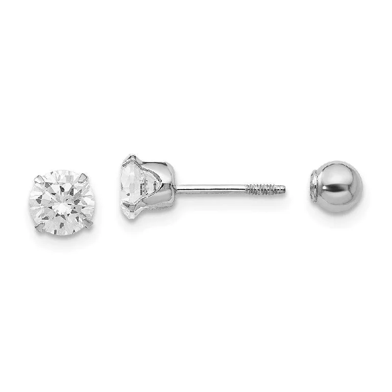 women’s geometric earrings-Madi K Kid's 14k  White Gold 5mm CZ and 4mm Ball Reversible Earrings