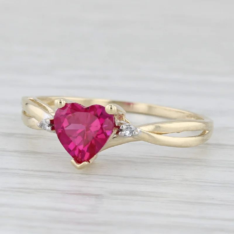 women’s heart-shaped engagement rings-Lab Created Ruby Heart Diamond Ring 10k Yellow Gold Size 7.25