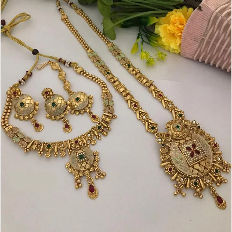 women’s boho chic necklaces-FS Collection Gold Plated Pota Stone And Meenakari Double Necklace Set