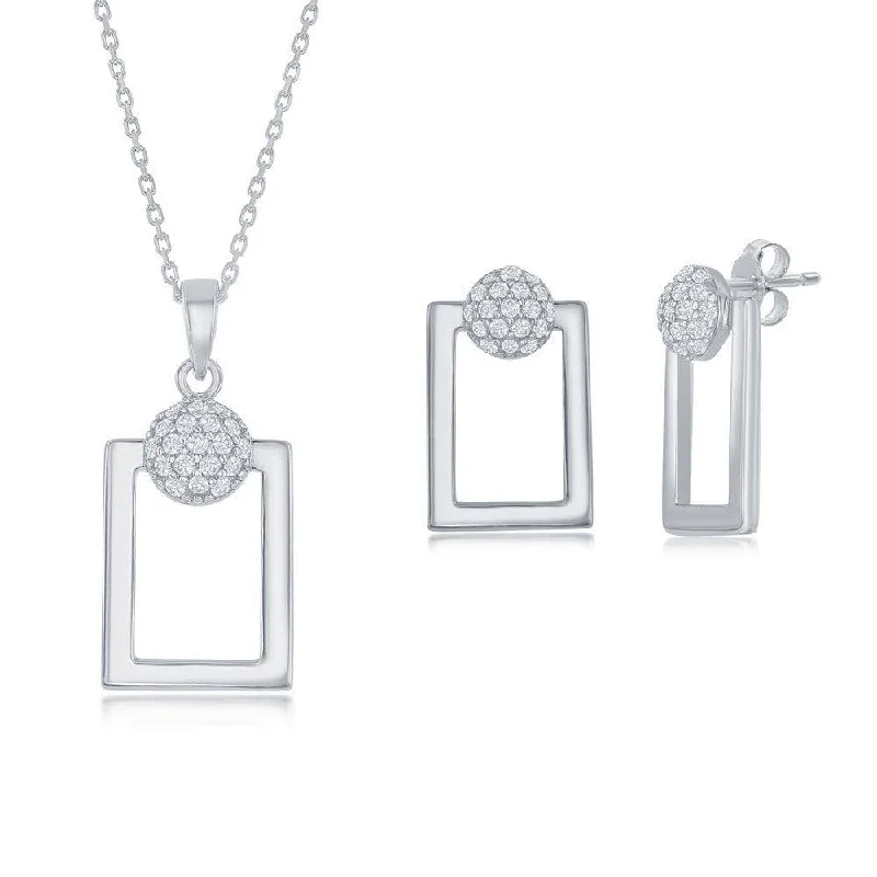 women’s large statement earrings-Sterling Silver Round Micro Pave CZ Open Rectangle Pendant & Earrings Set With Chain