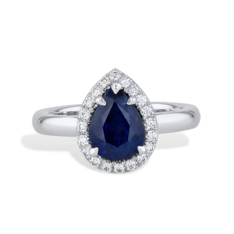 women’s wedding rings-Royal Blue Pear Shaped Sapphire Pave Diamond Platinum Ring