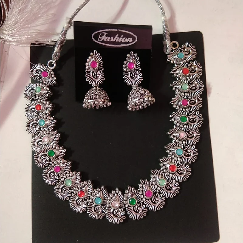 women’s gemstone layered necklaces-Sanjana Jewels Oxidised Plated Kundan Stone Necklace Set