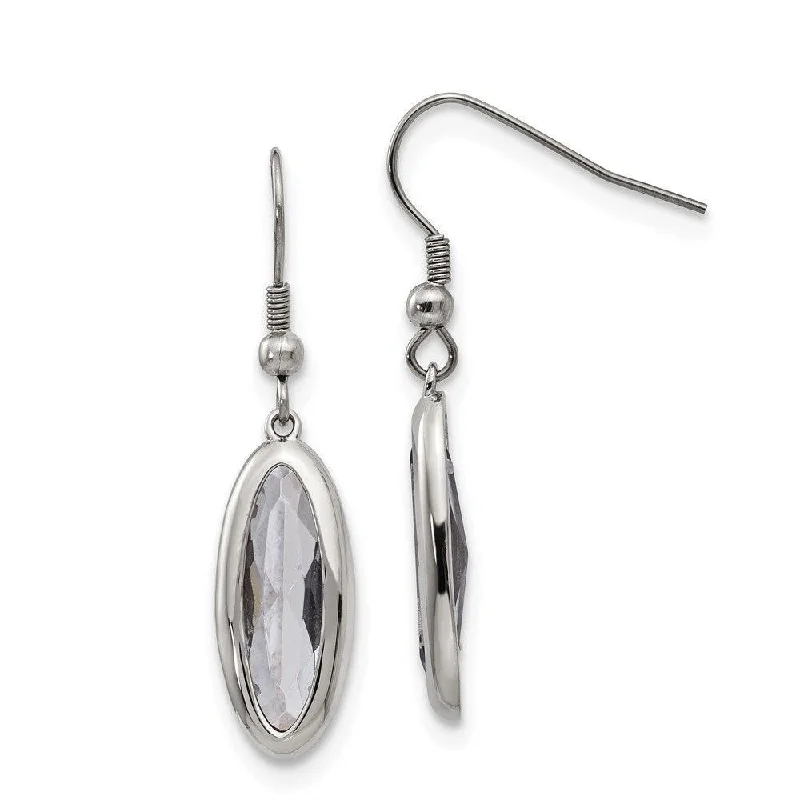 women’s custom earrings-Stainless Steel Polished Glass Oval Shepherd Hook Dangle Earrings